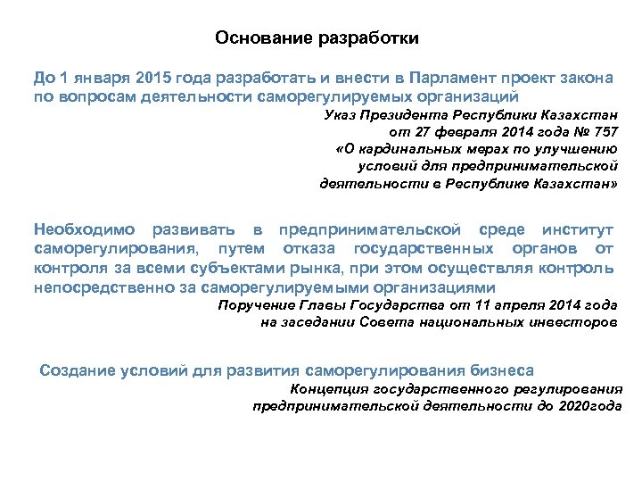 Основание разработки До 1 января 2015 года разработать и внести в Парламент проект закона