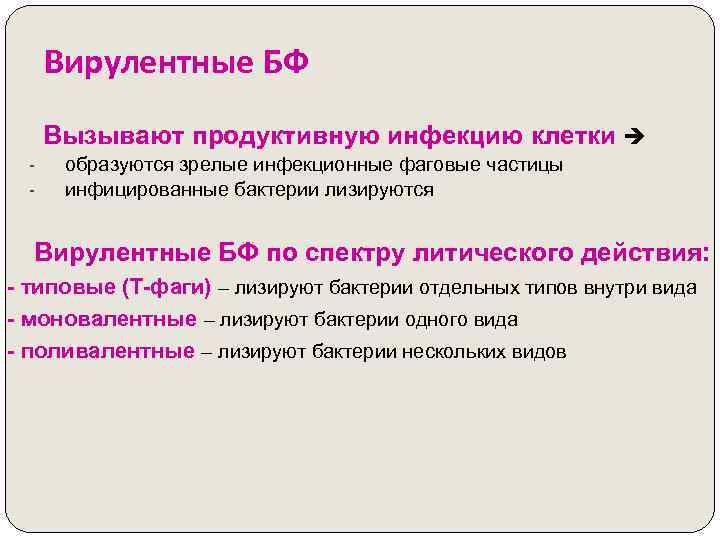 Вирулентные БФ Вызывают продуктивную инфекцию клетки - образуются зрелые инфекционные фаговые частицы инфицированные бактерии