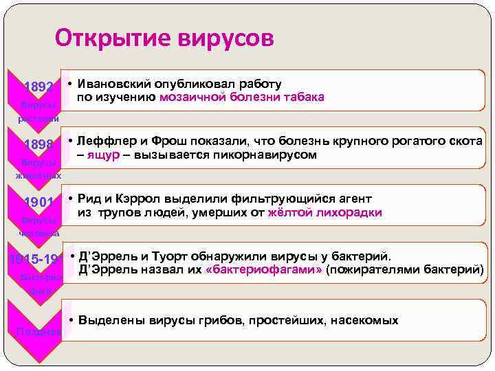Открытие вирусов 1892 Вирусы растений 1898 Вирусы животных 1901 Вирусы человека • Ивановский опубликовал