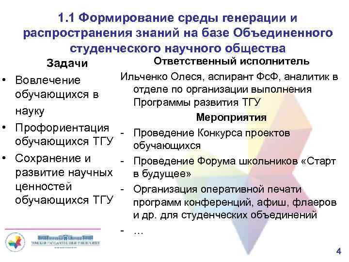 1. 1 Формирование среды генерации и распространения знаний на базе Объединенного студенческого научного общества
