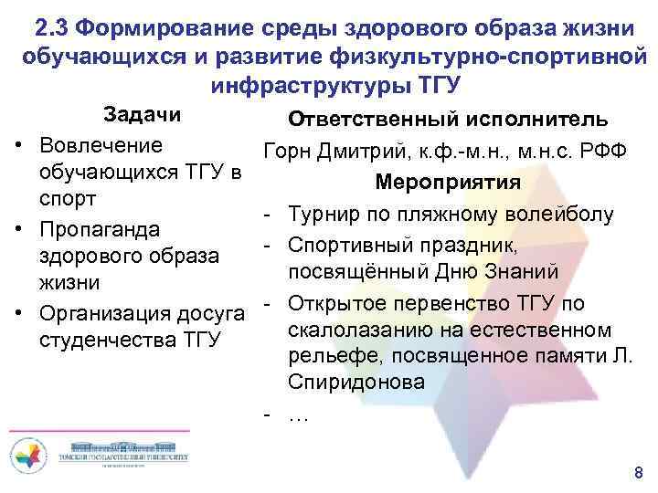 2. 3 Формирование среды здорового образа жизни обучающихся и развитие физкультурно-спортивной инфраструктуры ТГУ Задачи
