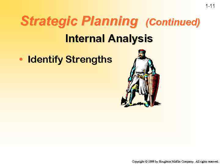 1 -11 Strategic Planning (Continued) Internal Analysis • Identify Strengths Copyright ã 1998 by