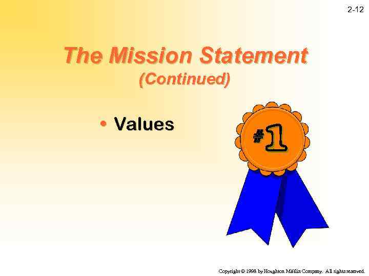 2 -12 The Mission Statement (Continued) • Values 1 # Copyright ã 1998 by