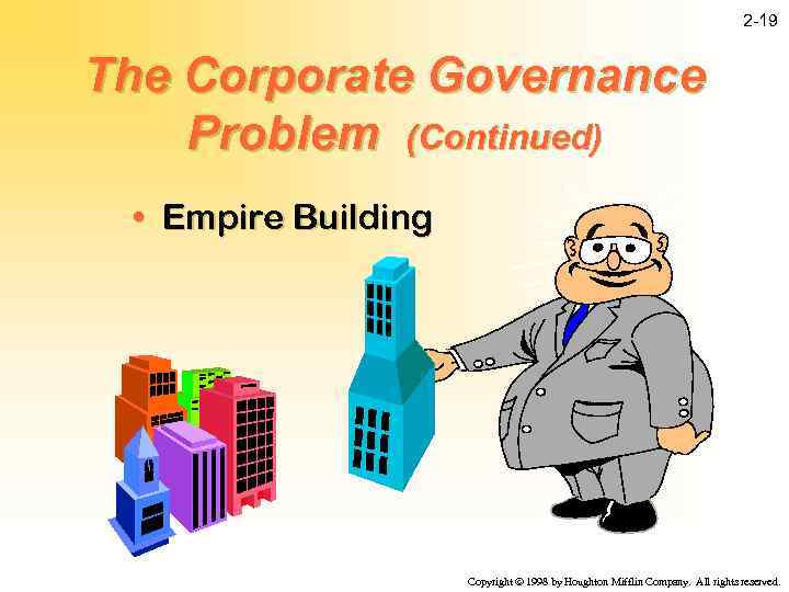 2 -19 The Corporate Governance Problem (Continued) • Empire Building Copyright ã 1998 by