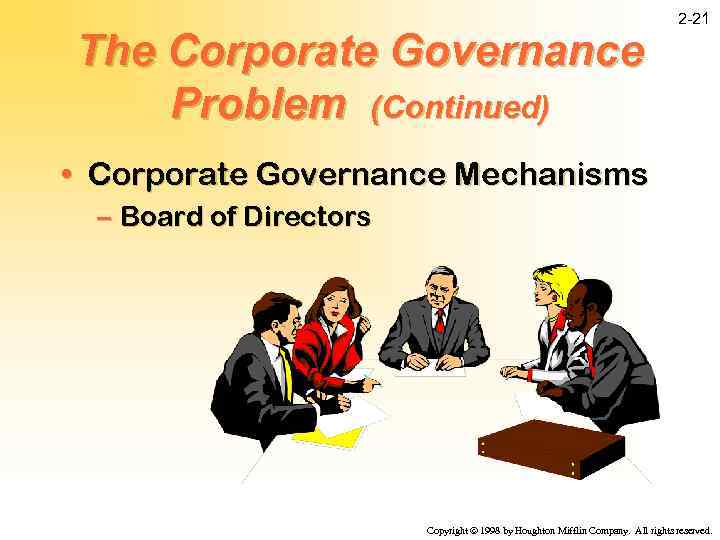 The Corporate Governance Problem (Continued) 2 -21 • Corporate Governance Mechanisms – Board of