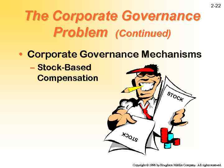 The Corporate Governance Problem (Continued) 2 -22 • Corporate Governance Mechanisms – Stock-Based Compensation