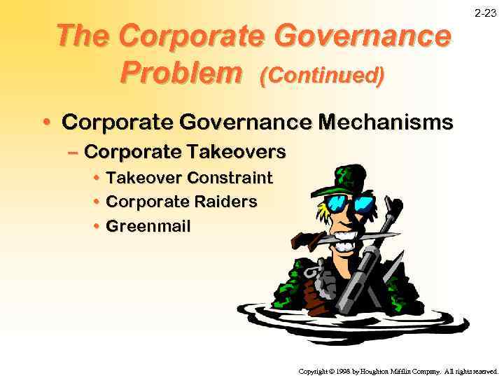 The Corporate Governance Problem (Continued) 2 -23 • Corporate Governance Mechanisms – Corporate Takeovers