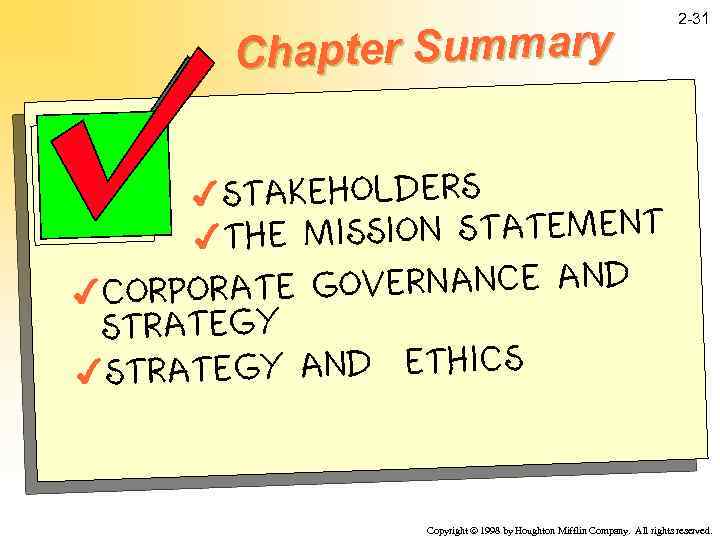 Chapter Summary 2 -31 4 STAKEHOLDERS THE MISSION STATEMENT 4 RATE GOVERNANCE AND 4