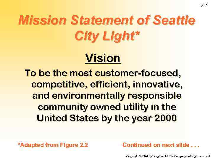 2 -7 Mission Statement of Seattle City Light* Vision To be the most customer-focused,