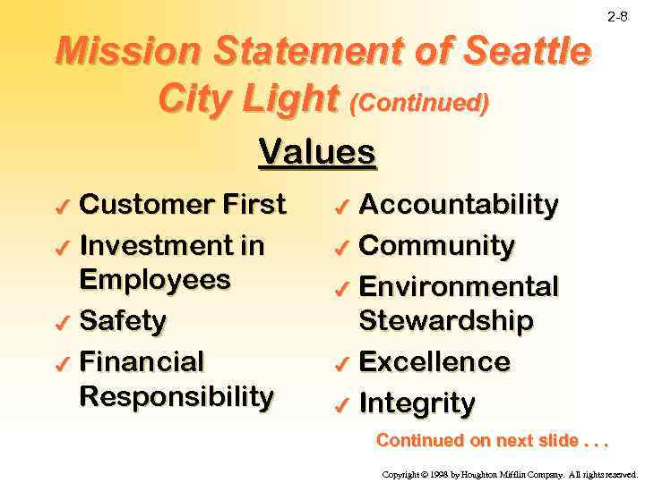 2 -8 Mission Statement of Seattle City Light (Continued) Values Customer First 4 Investment