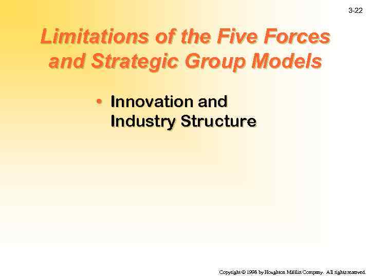 3 -22 Limitations of the Five Forces and Strategic Group Models • Innovation and