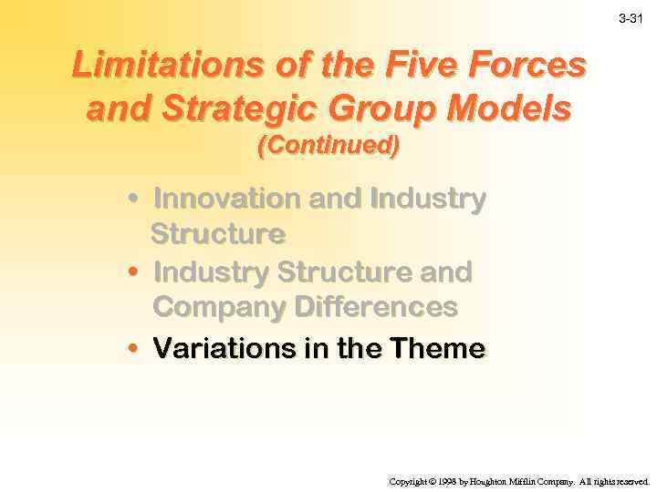 3 -31 Limitations of the Five Forces and Strategic Group Models (Continued) • Innovation