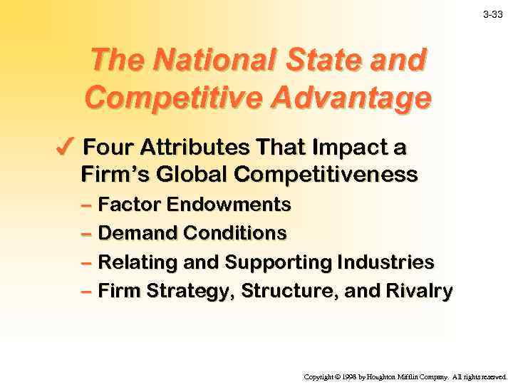 3 -33 The National State and Competitive Advantage 4 Four Attributes That Impact a