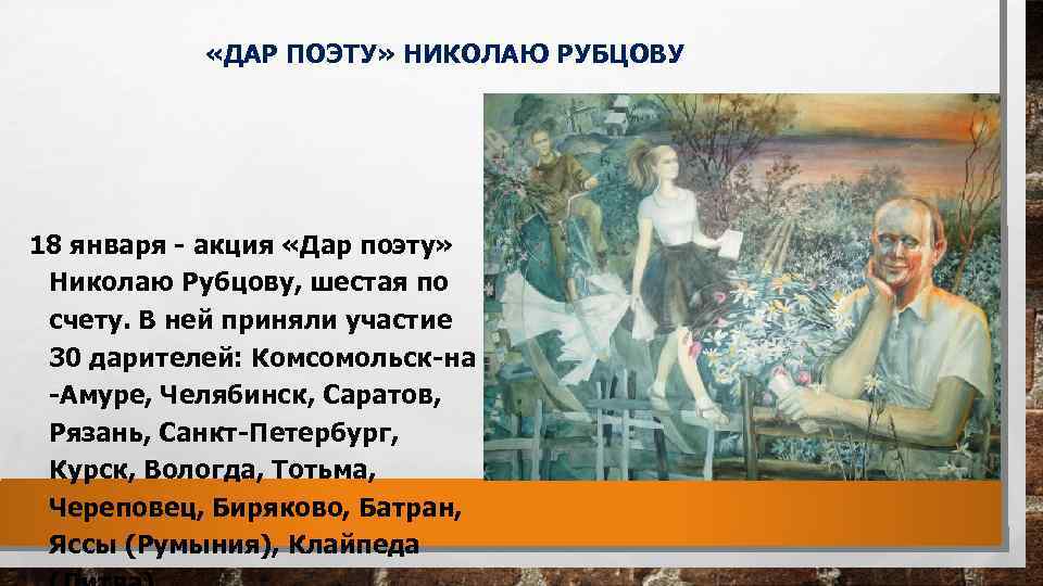  «ДАР ПОЭТУ» НИКОЛАЮ РУБЦОВУ 18 января - акция «Дар поэту» Николаю Рубцову, шестая