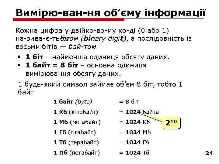 Вимірю ван ня об’єму інформації Кожна цифра у двійко во му ко ді (0