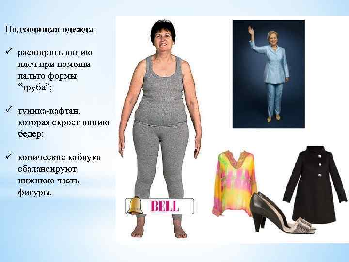Подходящая одежда: ü расширить линию плеч при помощи пальто формы “труба”; ü туника-кафтан, которая