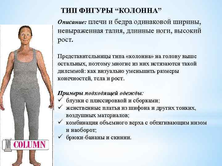 ТИП ФИГУРЫ “КОЛОННА” Описание: плечи и бедра одинаковой ширины, невыраженная талия, длинные ноги, высокий