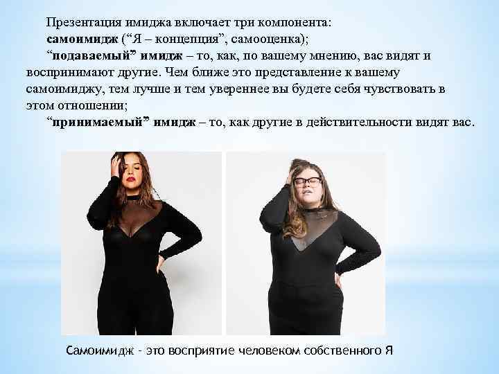 Презентация имиджа включает три компонента: самоимидж (“Я – концепция”, самооценка); “подаваемый” имидж – то,