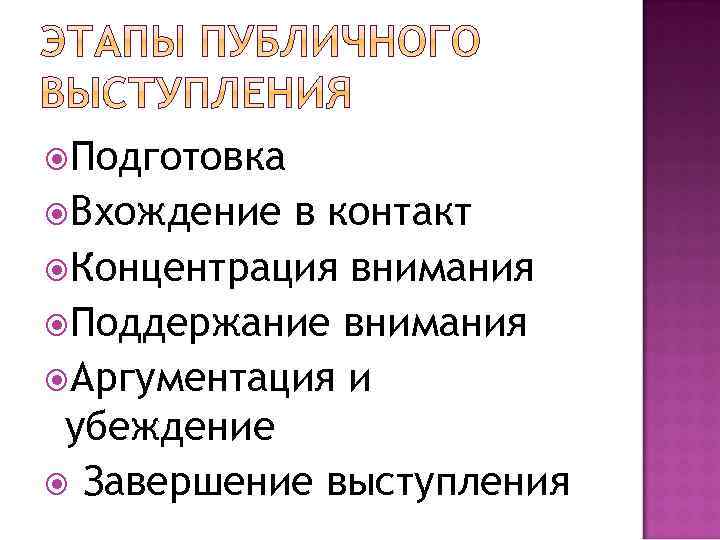  Подготовка Вхождение в контакт Концентрация внимания Поддержание внимания Аргументация и убеждение Завершение выступления
