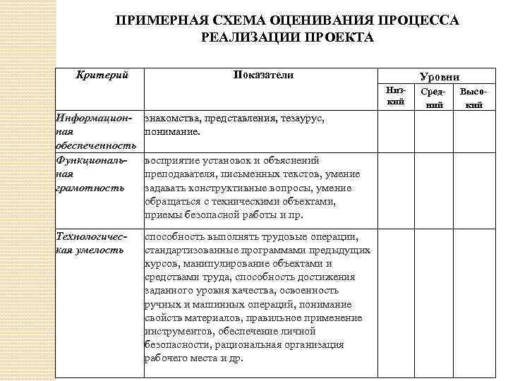 ПРИМЕРНАЯ СХЕМА ОЦЕНИВАНИЯ ПРОЦЕССА РЕАЛИЗАЦИИ ПРОЕКТА Критерий Показатели Уровни Низкий Информационная обеспеченность Функциональная грамотность