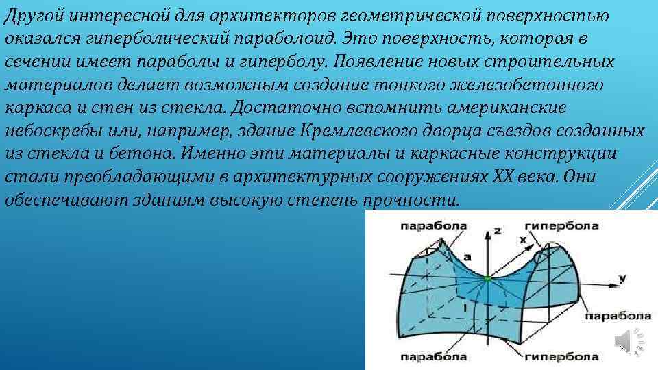 Другой интересной для архитекторов геометрической поверхностью оказался гиперболический параболоид. Это поверхность, которая в сечении