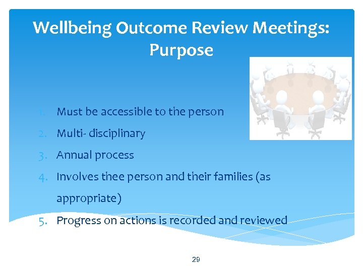 Wellbeing Outcome Review Meetings: Purpose 1. Must be accessible to the person 2. Multi-