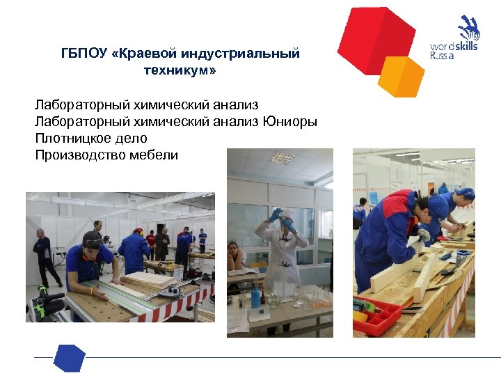 ГБПОУ «Краевой индустриальный техникум» Лабораторный химический анализ Юниоры Плотницкое дело Производство мебели 
