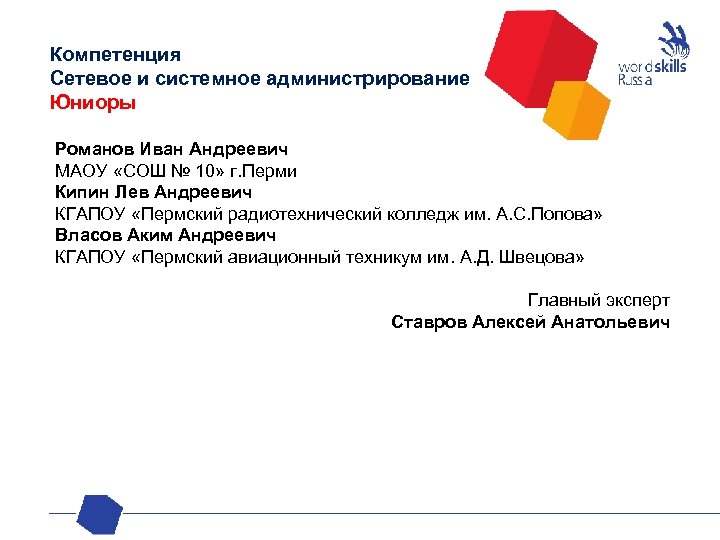 Компетенция Сетевое и системное администрирование Юниоры Романов Иван Андреевич МАОУ «СОШ № 10» г.