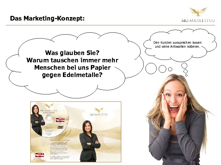 Das Marketing-Konzept: Den Kunden aussprechen lassen und seine Antworten notieren. Was glauben Sie? Warum