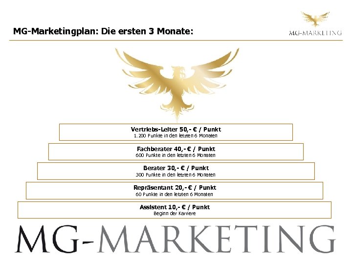 MG-Marketingplan: Die ersten 3 Monate: Vertriebs-Leiter 50, - € / Punkt 1. 200 Punkte