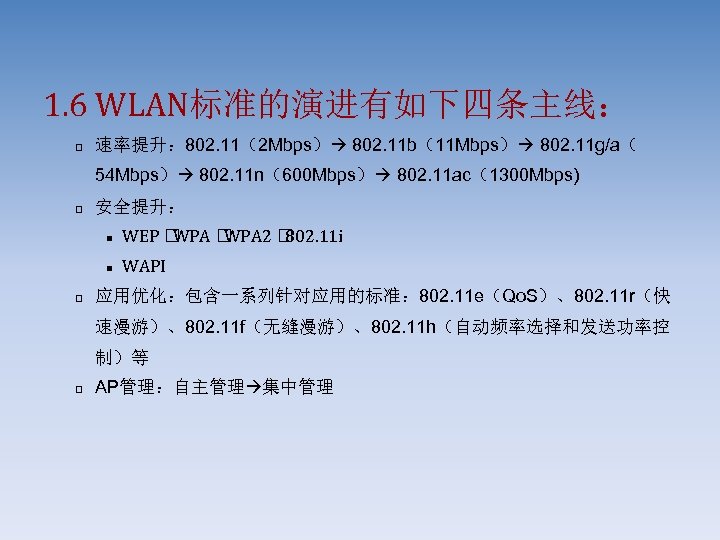 1. 6 WLAN标准的演进有如下四条主线： p 速率提升： 802. 11（2 Mbps） 802. 11 b（11 Mbps） 802. 11