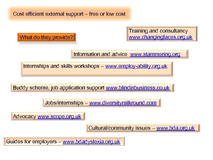 Cost efficient external support – free or low cost Training and consultancy www. changingfaces.