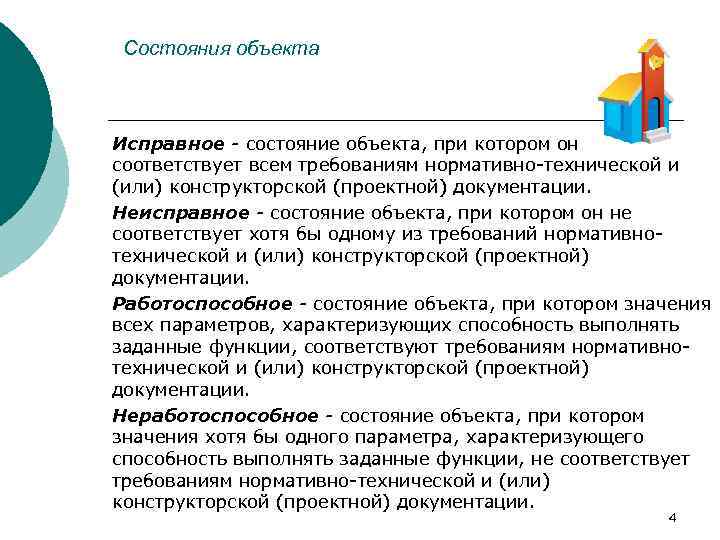 Состояния объекта Исправное - состояние объекта, при котором он соответствует всем требованиям нормативно-технической и