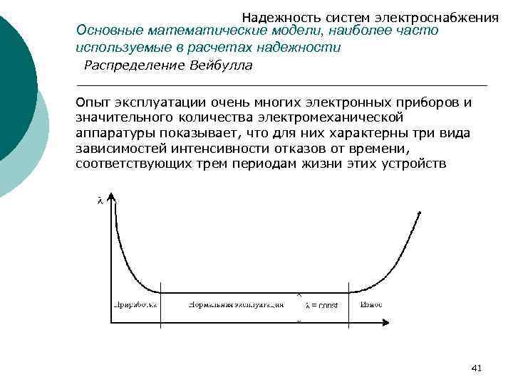 Надежность систем электроснабжения Основные математические модели, наиболее часто используемые в расчетах надежности Распределение Вейбулла