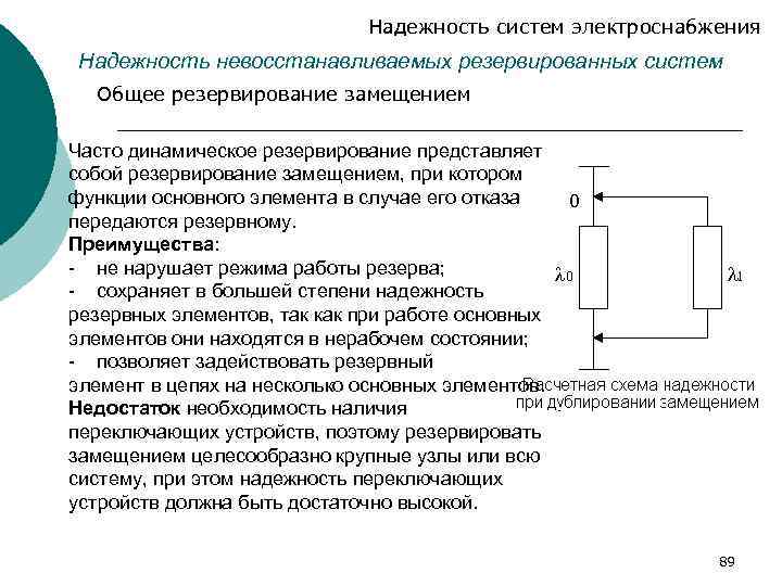 Надежность систем электроснабжения Надежность невосстанавливаемых резервированных систем Общее резервирование замещением Часто динамическое резервирование представляет