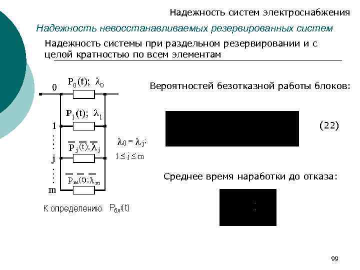 Надежность систем электроснабжения Надежность невосстанавливаемых резервированных систем Надежность системы при раздельном резервировании и с