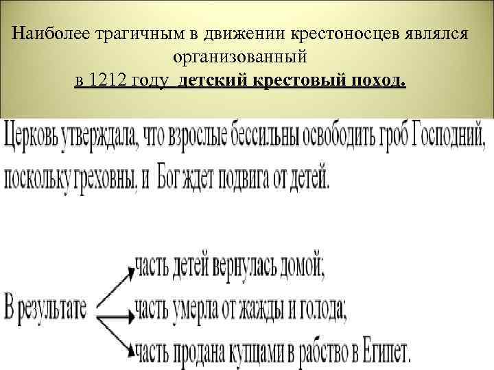 Наиболее трагичным в движении крестоносцев являлся организованный в 1212 году детский крестовый поход. 