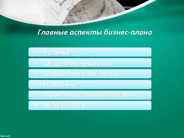 Главные аспекты бизнес-плана • Резюме • Общие положения • М аркетинговый план • Издержки