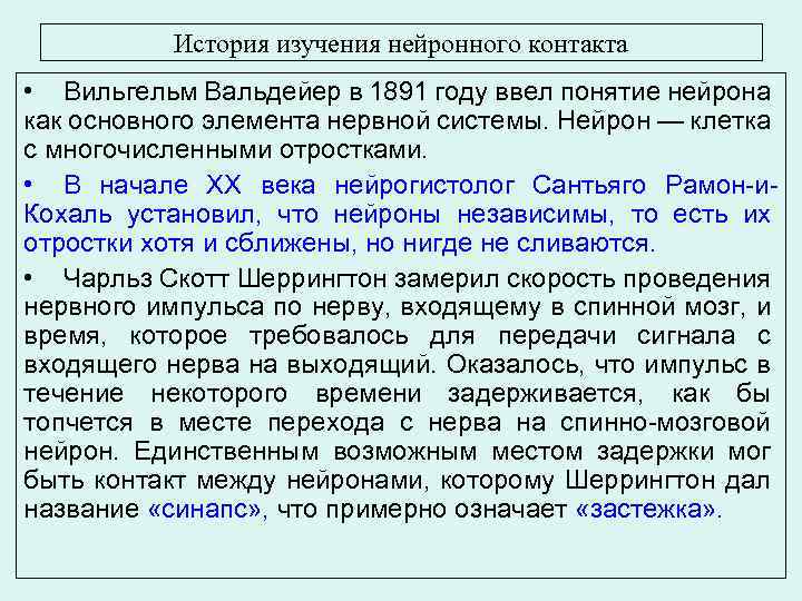 История изучения нейронного контакта • Вильгельм Вальдейер в 1891 году ввел понятие нейрона как