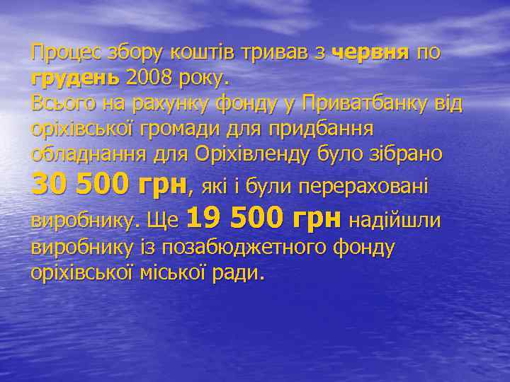Процес збору коштів тривав з червня по грудень 2008 року. Всього на рахунку фонду