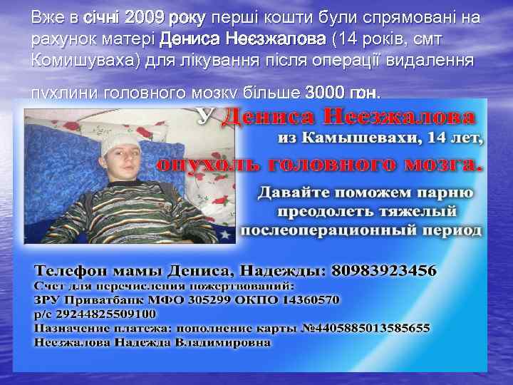 Вже в січні 2009 року перші кошти були спрямовані на рахунок матері Дениса Неєзжалова