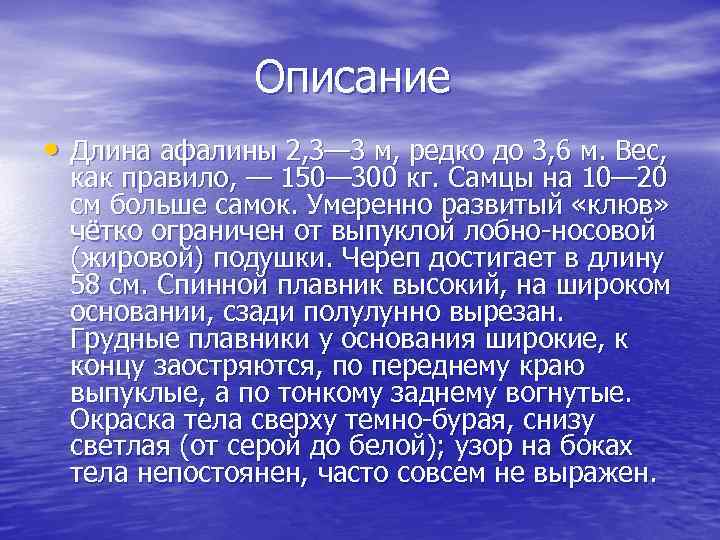 Описание • Длина афалины 2, 3— 3 м, редко до 3, 6 м. Вес,