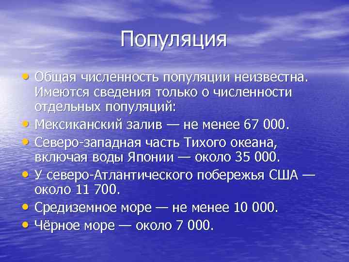 Популяция • Общая численность популяции неизвестна. • • • Имеются сведения только о численности