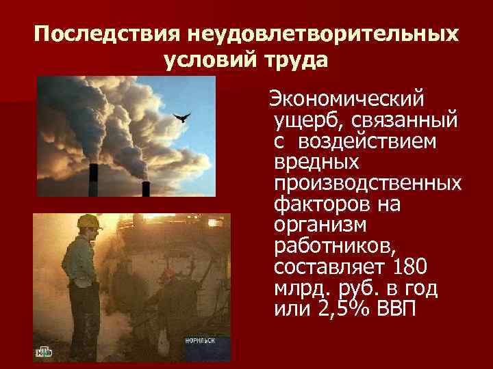 Последствия неудовлетворительных условий труда Экономический ущерб, связанный с воздействием вредных производственных факторов на организм