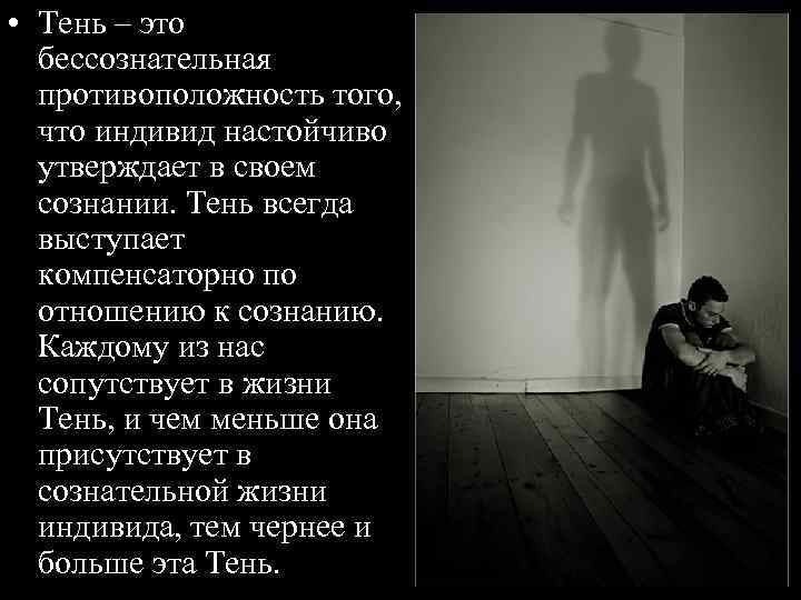  • Тень – это бессознательная противоположность того, что индивид настойчиво утверждает в своем