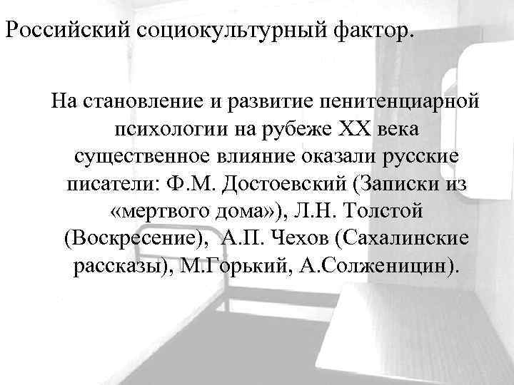 Российский социокультурный фактор. На становление и развитие пенитенциарной психологии на рубеже ХХ века существенное