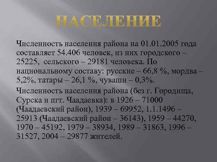 Численность населения района на 01. 2005 года составляет 54. 406 человек, из них городского