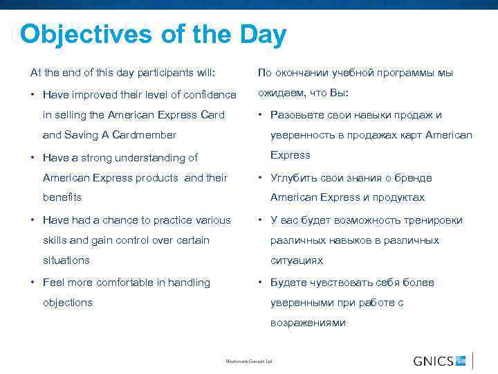 Objectives of the Day At the end of this day participants will: По окончании