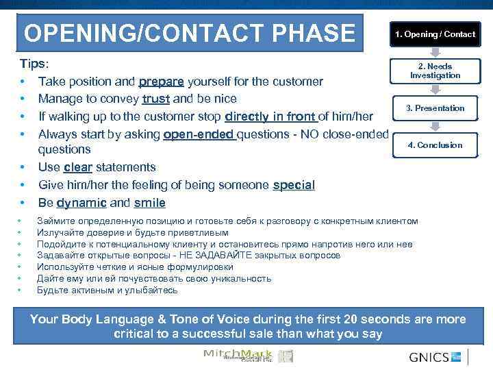 OPENING/CONTACT PHASE Tips: • Take position and prepare yourself for the customer • Manage