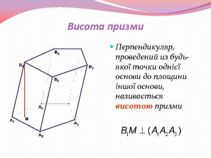 Висота призми Перпендикуляр, проведений из будьякої точки однієї основи до площини іншої основи, називається